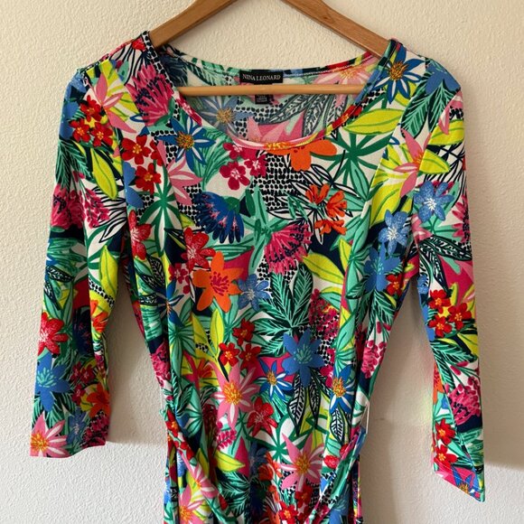 Nina‎ Leonard 3/4 Sleeve Tropical Floral Belted Midi Dress Size S - Picture 4 of 14